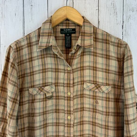 Lauren Ralph Lauren Plaid Linen Roll Up Buckle Sleeve Button-Down Size Medium - Picture 4 of 16